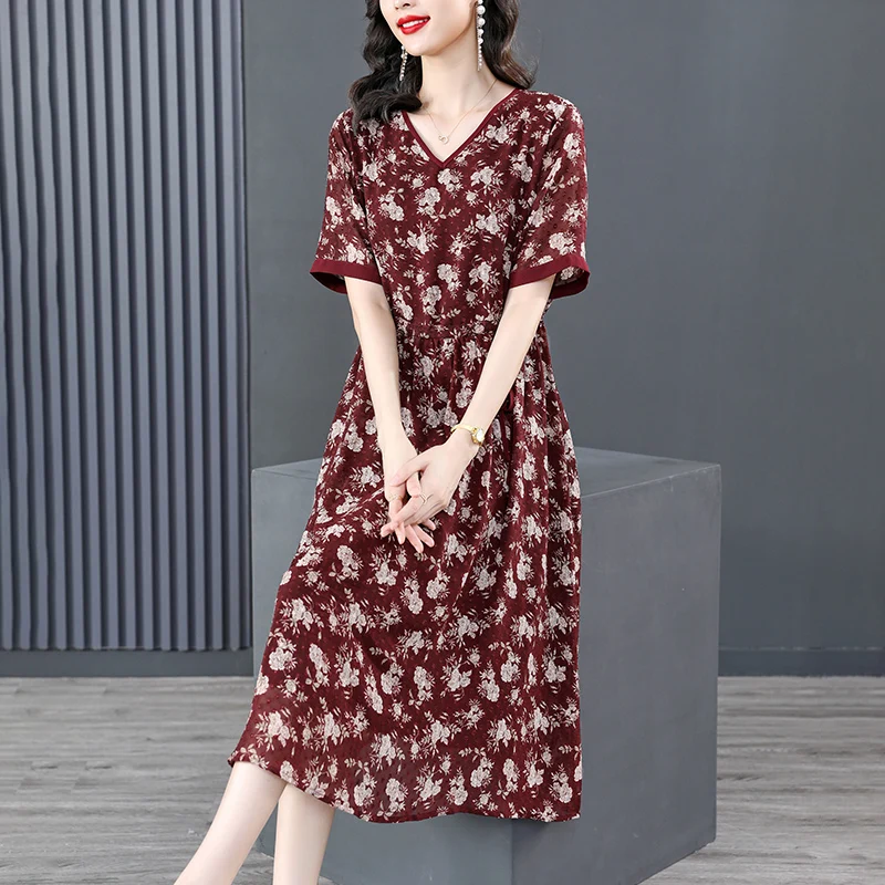 

2023 New Fashion Silk Printed Dress Women's Summer Versatile V-neck Short Sleeve Loose Fit Casual Holiday Dress Vestidos