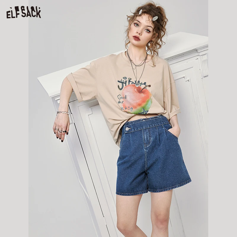 ELFSACK Vintage High Waist Denim Shorts Woman 2023 Spring New Casual Daily Bottoms