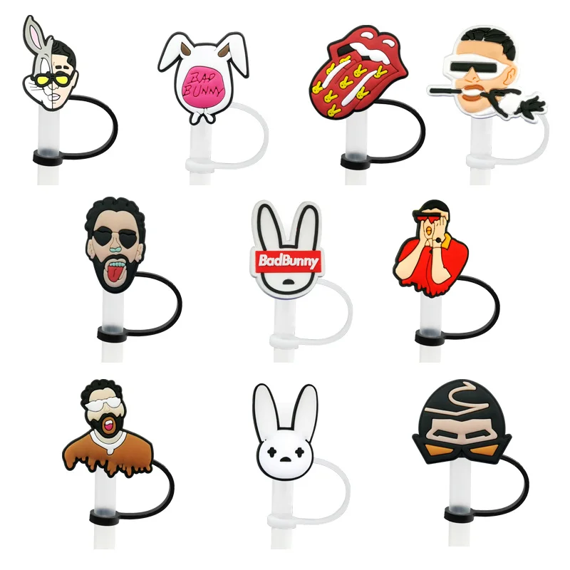 PVC 나쁜 토끼 빨대 토퍼, 재사용 가능, 유출 방지, 음료 컵, 방진 장식, 크리에이티브 레인보우 빨대 커버, 8 개