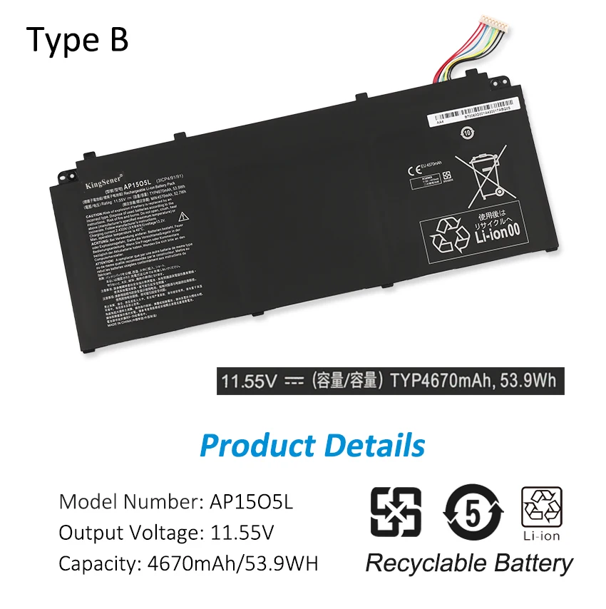 Bateria do Portátil Acer Aspire S5371 Sf51451 Chromebook R13 Cb5-312t Cb5-312t-k0yk K8z9 11.55v 4670mah 4670mah Kingsener-ap15o5l - Imagem 6