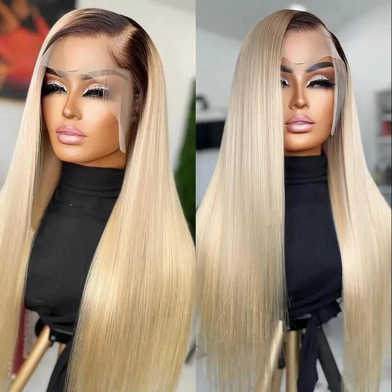 

Long 26" 180 Density Ombre blonde Silky Straight Deep Lace Front Wig For Black Women Babyhair Preplucked Heat Resistant Glueless