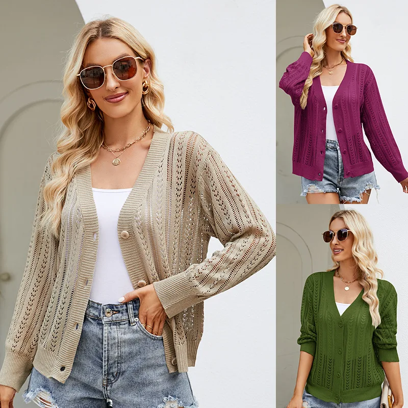 

Hollow Out Fashion Knitted Cardigans Khaki Color Full Sleeves Sweaters for Women Cropped Jumpers