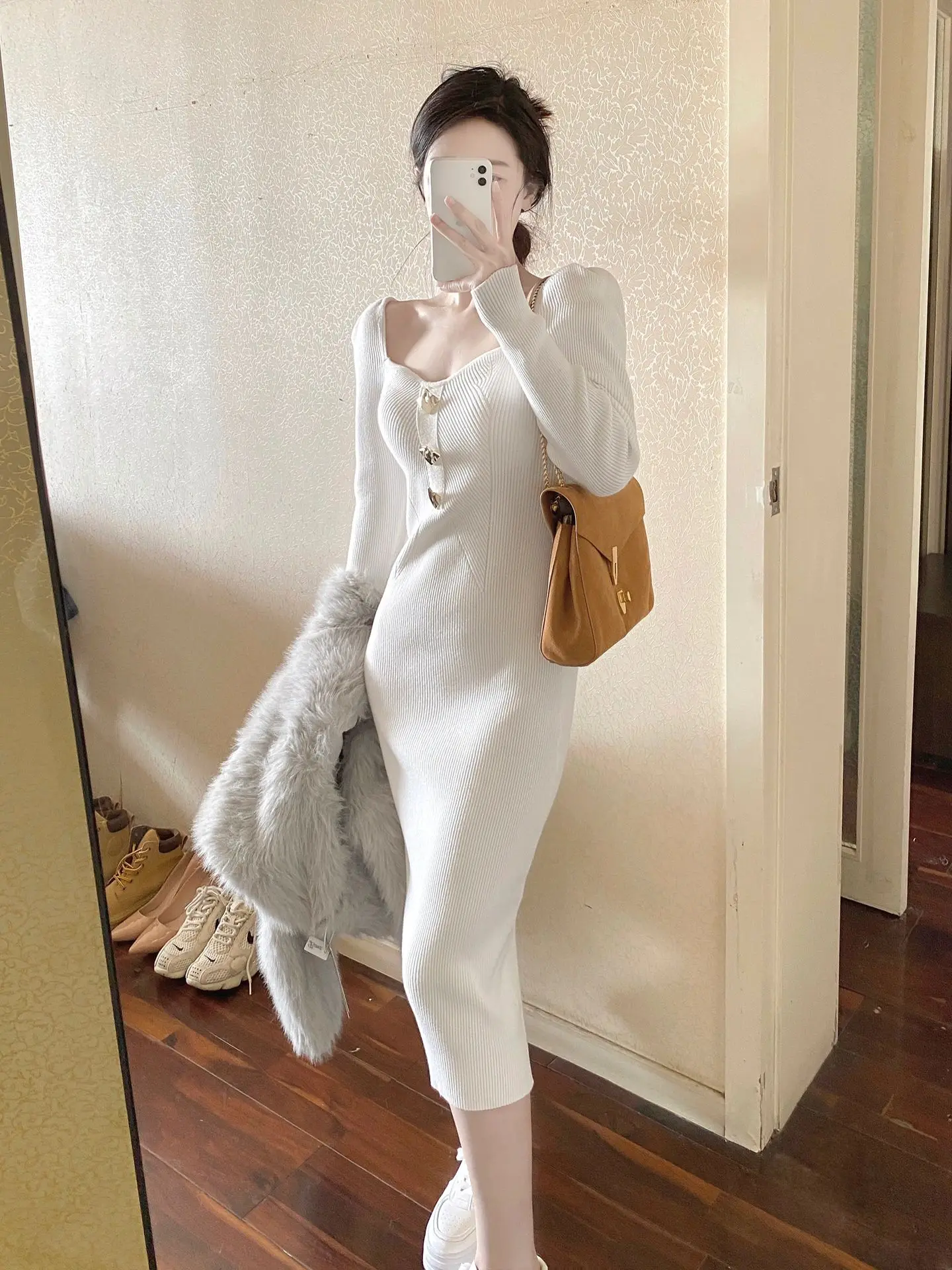 Autumn Winter New Knitted Dresses for Women Solid Square Collar Slim Bodycon Vintage Chic Korean Fashion Midi Vestidos Mujer