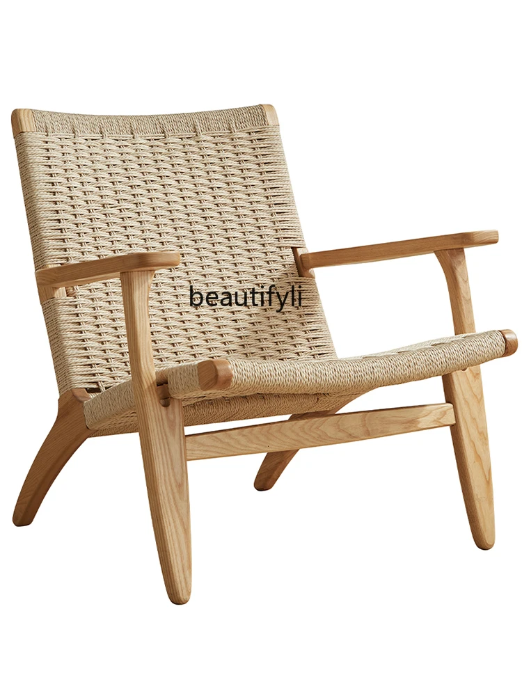 

Single Sofa Leisure Chair Furniture Nordic Log Living Room Balcony Lazy Recliner Solid Wood Rattan