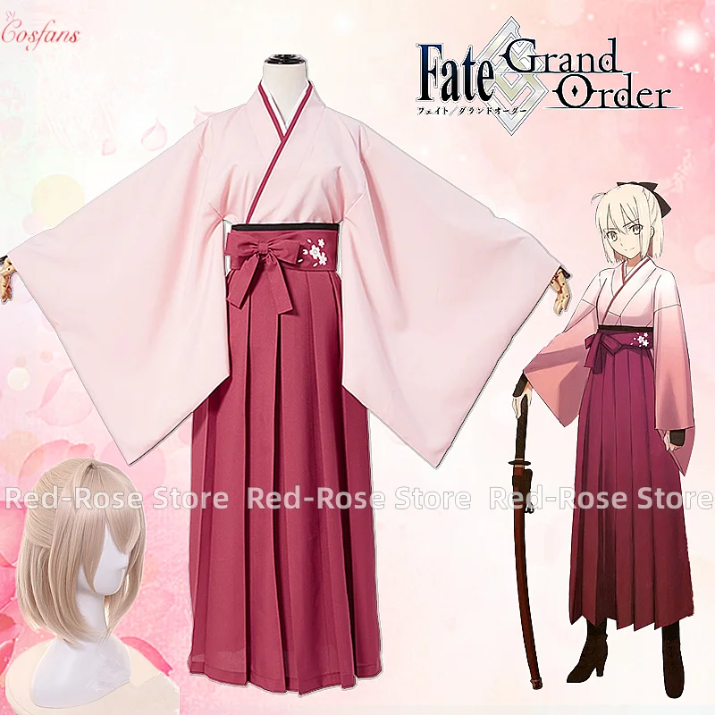 

Аниме FGO Fate Grand Order Sakura Saber Okita Souji Kendo, костюм для косплея, полный комплект кимоно, Хэллоуин, наряд со штативом