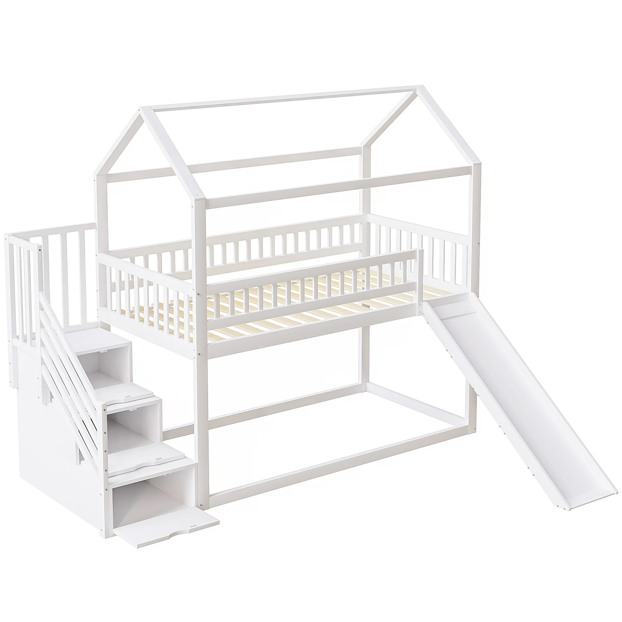 KOMHTOM Massivholz Kinderetagenbett Hochbett 90x200 cm mit Rutsche Stauraumleiter hoher Zaunkonstruktion und Lattenrost – Detail 6