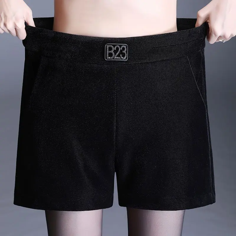 Elegant High Waist Golden Velvet Shorts Spring Autumn New Solid Color Loose Black Wide Leg Pants Fashion Casual Women Clothing