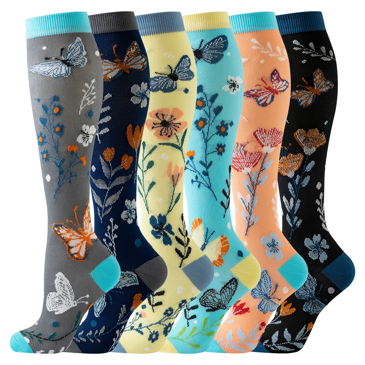 6 pares de calcetines de compresión de flores para mujer y hombre, calcetines de mariposa hasta la rodilla, calcetines de compresión deportivos para enfermera