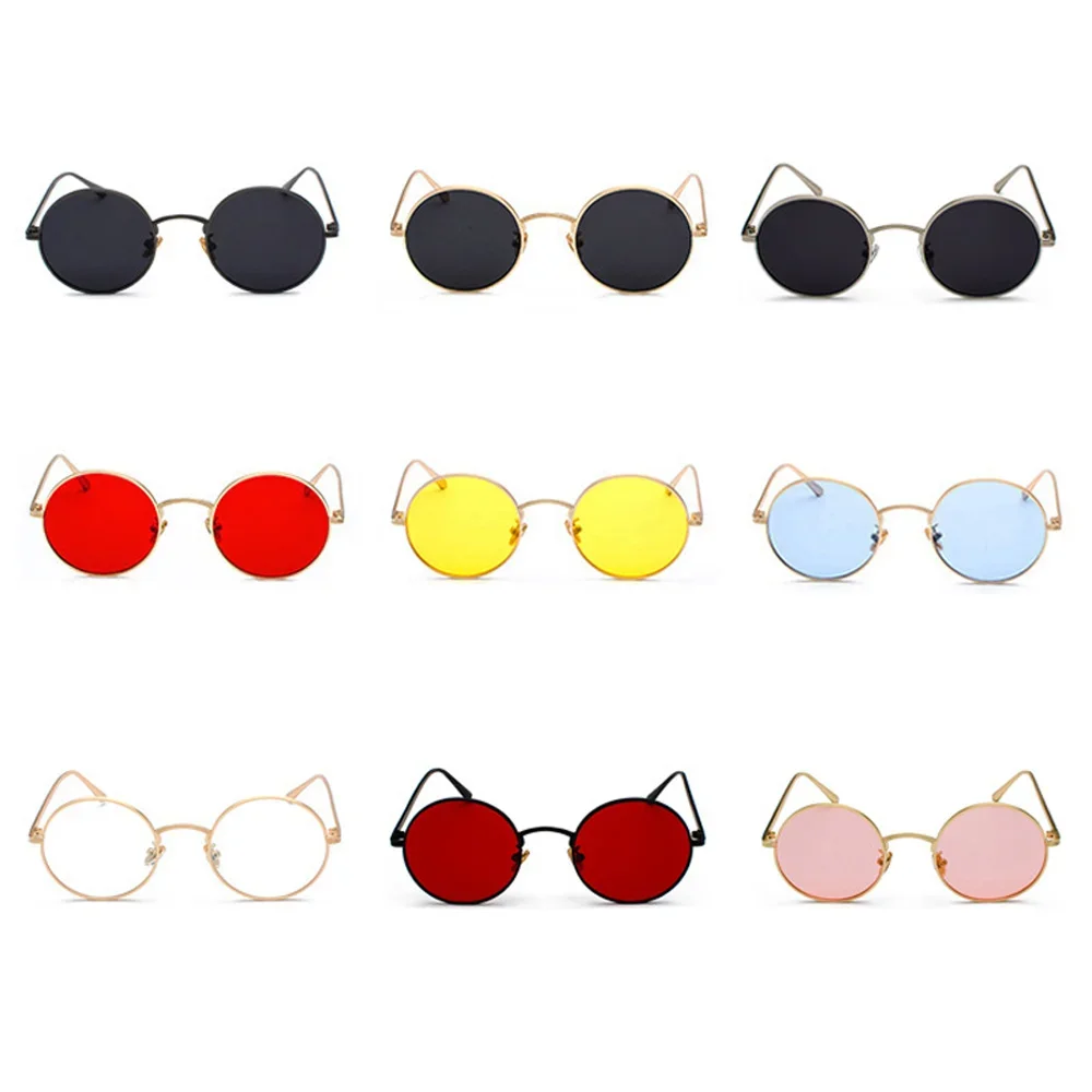 Gold Round Metal Frame Sunglasses - Retro Summer Style with Red, Yellow, Pink, or Black Lenses, Unisex Design