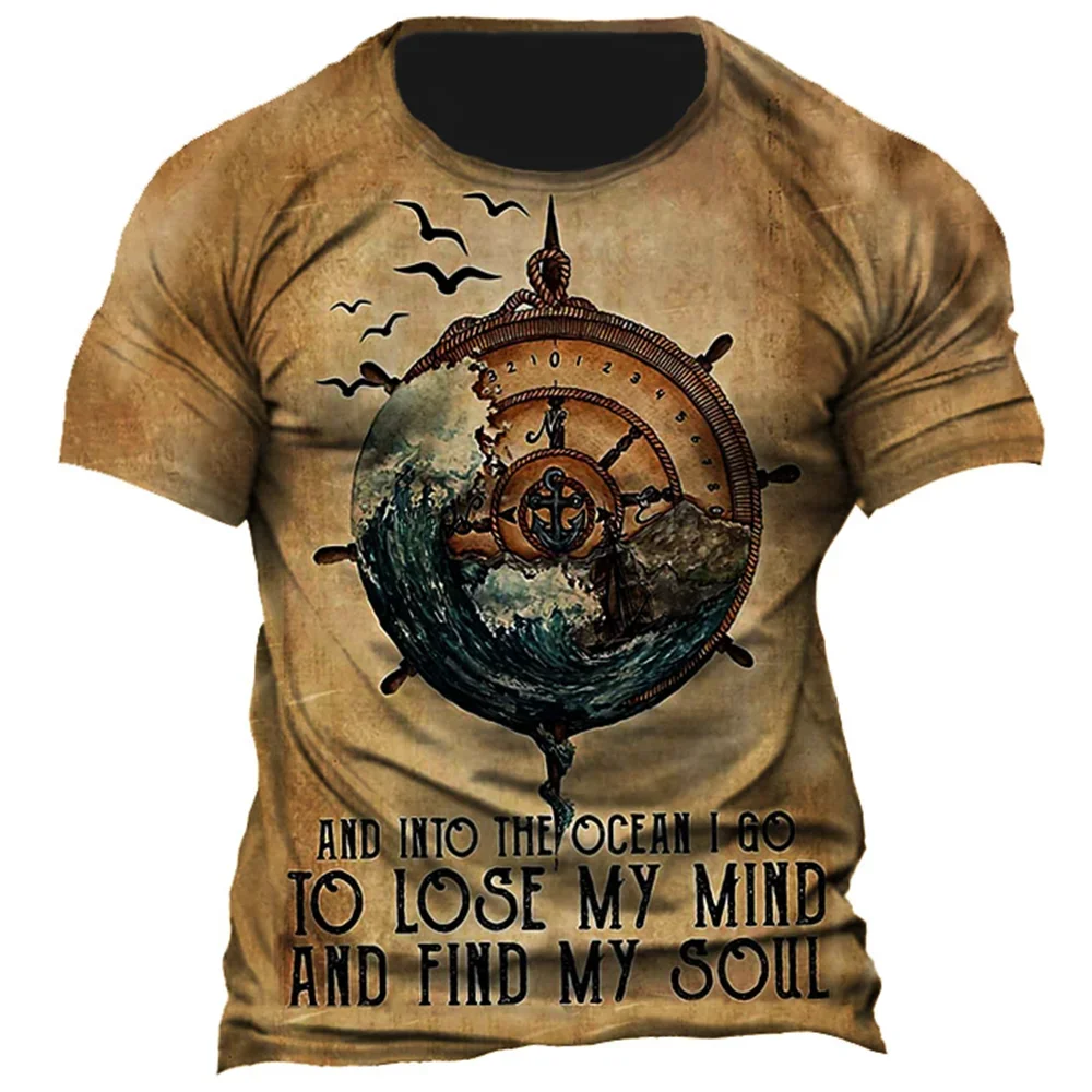 Vintage Men's T-shirt Summer American Shirt Tops Compass Printed Short-sleeve Tees Loose Daily Men Clothing Casual Streetwear 2