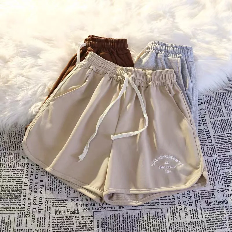 

Women Shorts Letter Embroidery Korean Shorts Elastic Waist Loose Casual Sport Shorts Outerwear Wide Leg Pants Female Bottoms2023