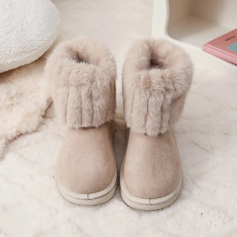 Outdoor Girls Winter Thermal Boots Classic Beige Soft Kids Fashion Ankle Snow Boots Warm Furry Causal Children's Cotton Boots