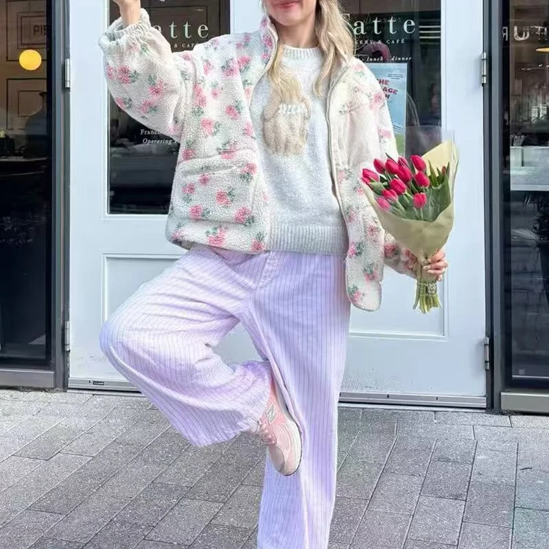 Fleece Jackets Women's Floral Coat Winter Long Sleeve Outwear 2025 Casual Loose Coat  Casual Loose y2k Jackets Woman Coat Tops