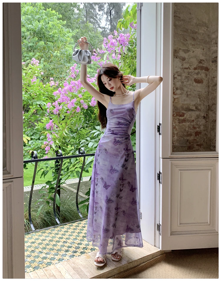 Sexy Printed Long Dresses for Women Mesh Spaghetti Strap Slim A-line Party Dress Summer Korean Fashion One Piece Vestido Mujer