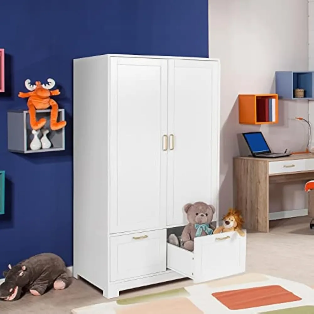 

Wide White Armoire Wardrobe Closet with Adjustable Shelves and Drawers, 60" Freestanding Closet Wardrobe Cabinet