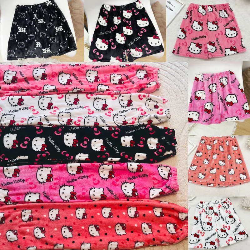 Kawaii Sanrio Hello Kitty Pajamas Pants Y2K Cartoon Black Cute Women Soft Plush Thickening Trousers Clothes Female Casual Pants sanrio halloween christmas tree design hello kitty flannel pajama pants women autumn warm casual homewear trousers graffiti pant