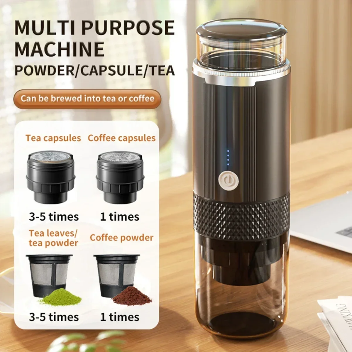 Portable Coffee Maker Electric Capsule Grind Coffee Brewer is suitable for ground coffee and KCUP Capsule coffee capsules