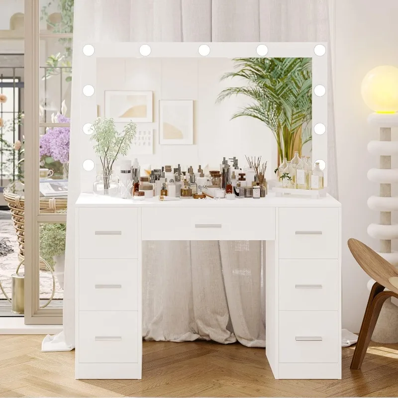 

Vanity Table, Makeup Table with Lighted Mirror, 3 Color Lighting Modes, Brightness Adjustable, Dressing Table with Drawers