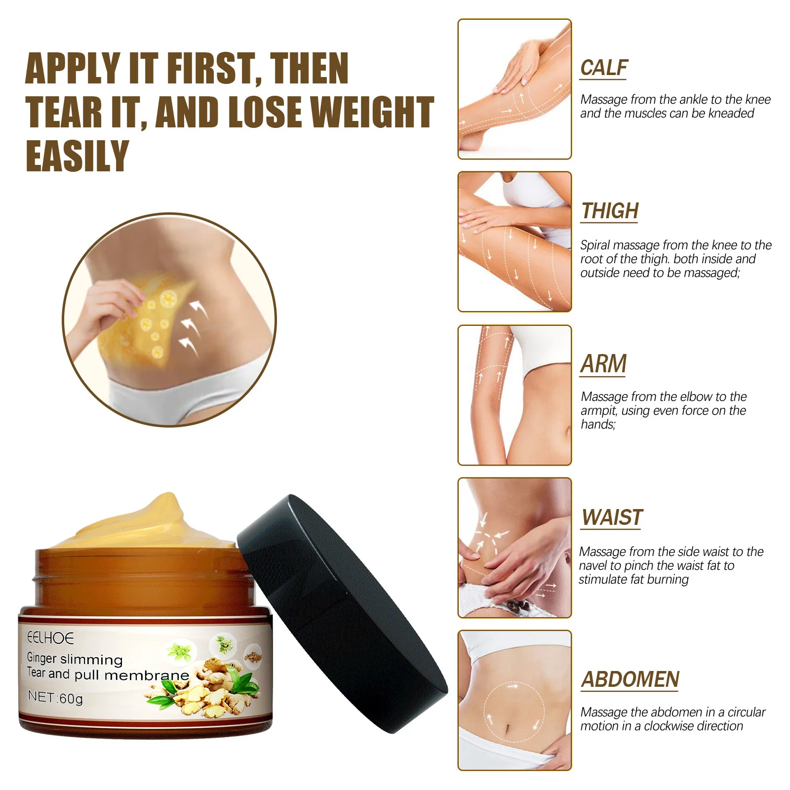 Ginger Anti Cellulite Cream Slim Waist Abdominal Cellulite Removal Tighten Arms Belly Fat Burner Anti-Aging Weight Loss Product