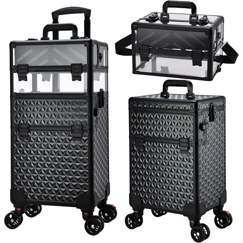 Rolling Makeup Case Professional, 3-in-1 Wheeled Makeup Trolley, Large Salon and Barber Travel Trunk Suitcase for Cosmetology 6