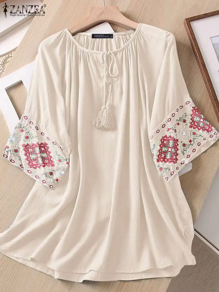 

ZANZEA Summer Oversize Women Korean Fashion Holiday Blouse Embroidery Half Sleeve Tunic Round Neck Bandage Vintage Top Blusas
