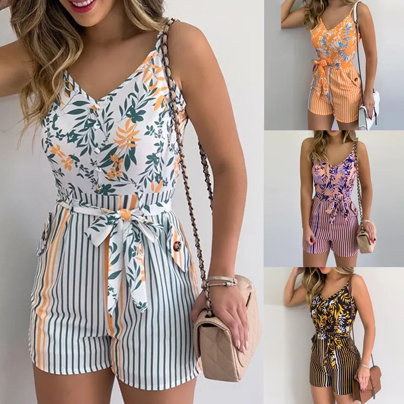 

Women'S Summer Print Jumpsuit Casual Slim Bandage V-Neck Beach Rompers Sleeveless Bodysuit Sexy Playsuit Short Pants