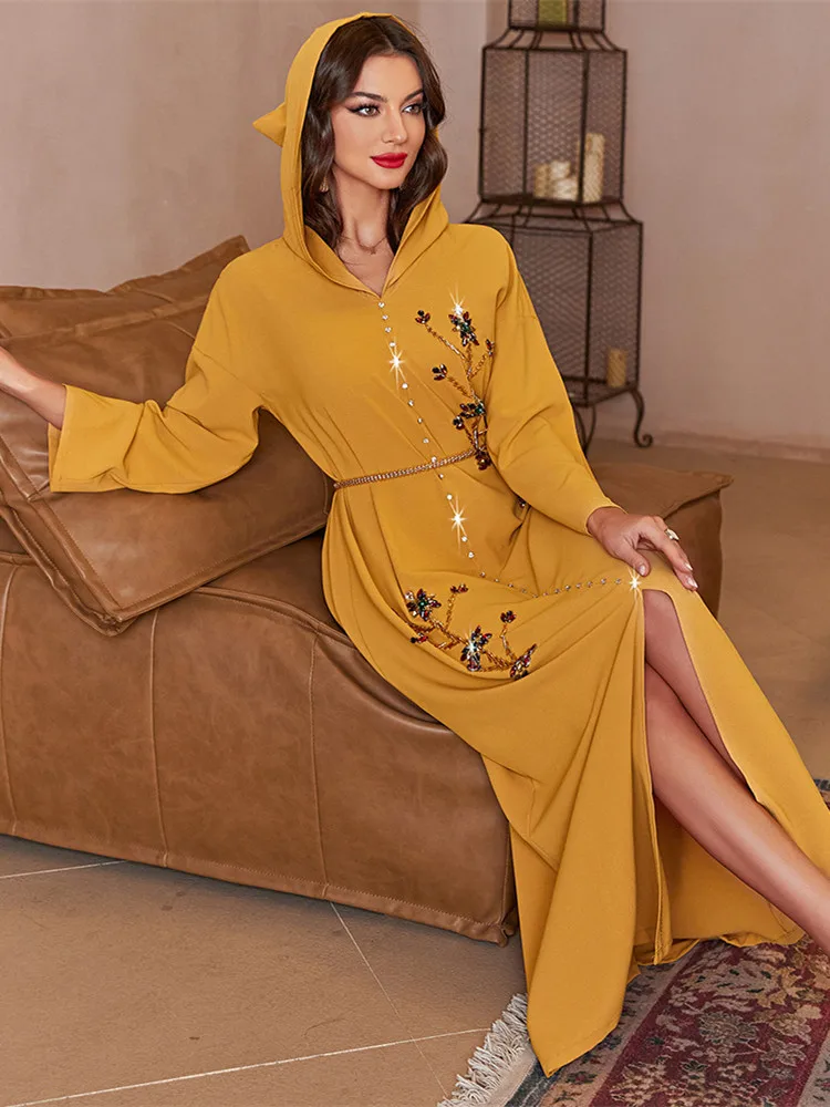 

Ramadan Eid Djellaba Abaya Webbing Dubai Muslim Dress Silky Robes Diamon Beading Hooded Muslim Islam Abaya with belt WY769