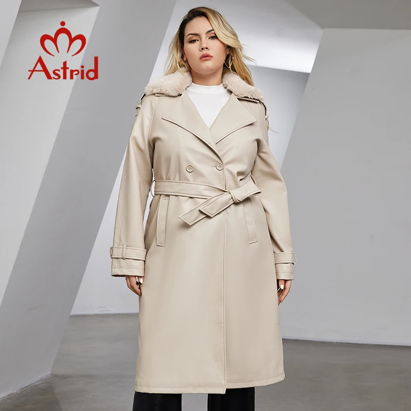 Astrid Plus Size Faux Leather Trench Coat Women Fur Collar Lapel