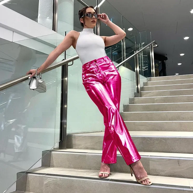 Y2K Metallic PU Leather Pants Women High Waist Button Fly Stretch Hipster Casual Straight Trousers Fashion Streetwear Bottoms