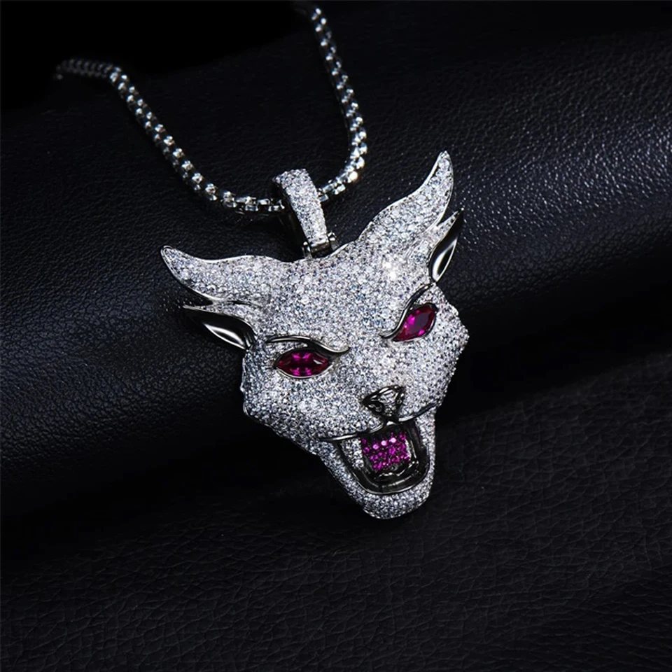 VANAXIN Iced Out Men's Hip Hop Wolf Head Pendant Animal Necklace CZ Zircon Rock Punk Rapper Black Gun Jewelry Gift 3