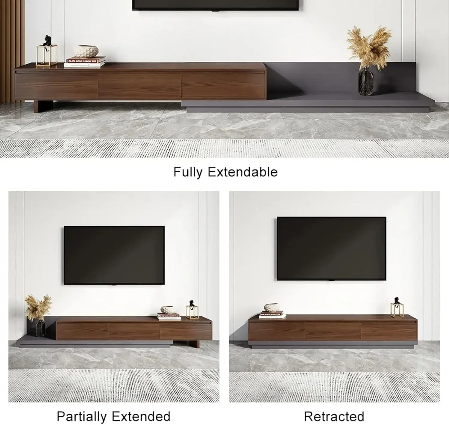 Extendable TV Stand Retractable Media Console with 3 Drawers Modern Entertainment Center Up to 120" (78.7" W×15.7" D×13.8" H) 3
