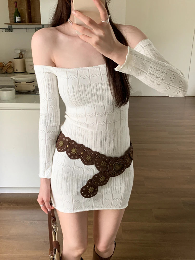 

New Sexy Slash Neck Chicly Knitting White Dress for Women Spring Fashion Slim Waist Simple Solid Color Casual S-L Female Dresses