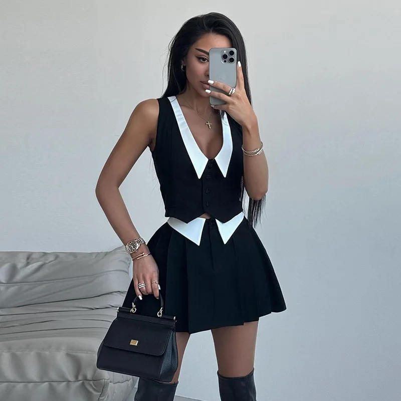 Summer Sexy 2 Piece-Set Skirt Female 2025 V-Neck Sleeveless Vestidos And High Waist Pleated Skirts Sets Women's Clothes