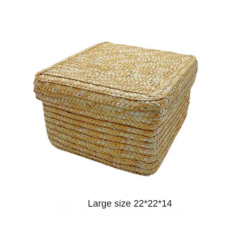 Handmade Straw Woven Storage Basket With Lid Snack Organizer Storage Box Laundry Baskets Rattan Storage Flower Basket 4