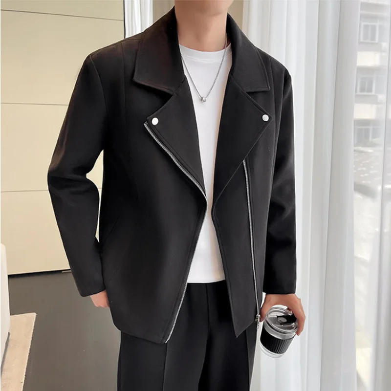 

2023 New Men Casual Jacket Fashion Men's Unique Design Oblique Zipper Lapel Coat Loose Straight Top