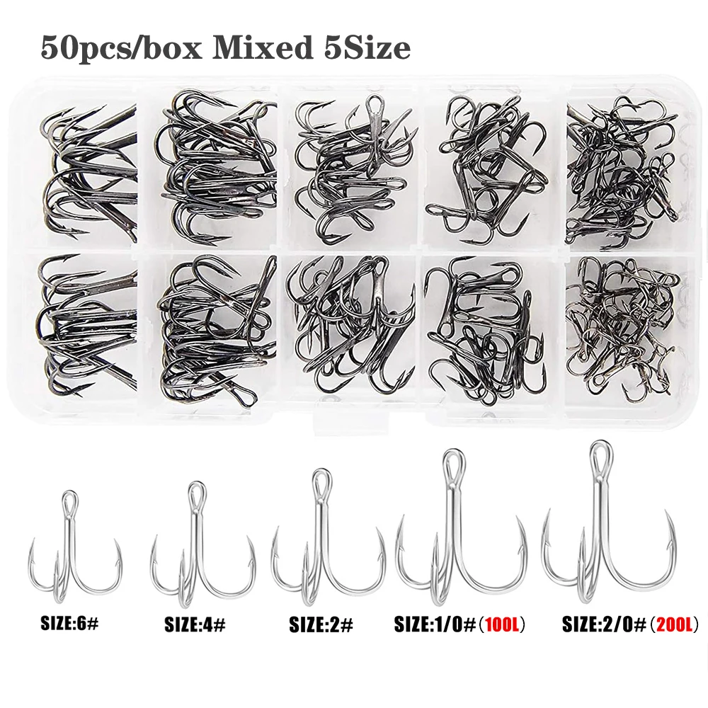 

Fishing Treble Hooks Kit High Carbon Steel Hooks Strong Sharp Round Bend for Lures Baits Saltwater Fishing 50pcs/box Mixed 5Size