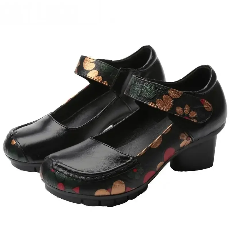 TIMETANG Soft Med Heels Vintage Style Genuine Leather Shoes Personality Casual Women's Pumps Summer Cowhide Retro Floral Handmad 2