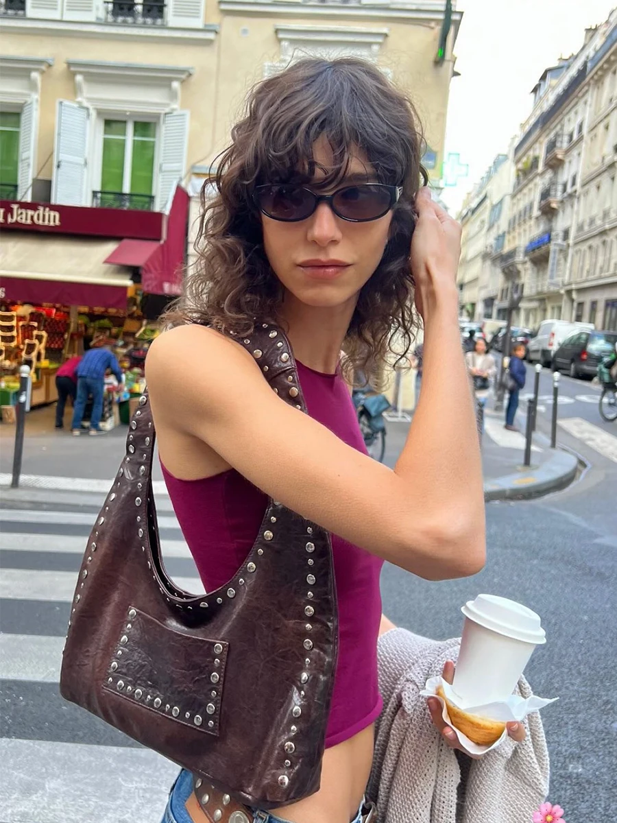 Leather Shoulder Bag 24 Retro Rivet Decorative Shoulder Bag European American Motorcycle Wind Oil Wax Leather Armpit Handbag for Women