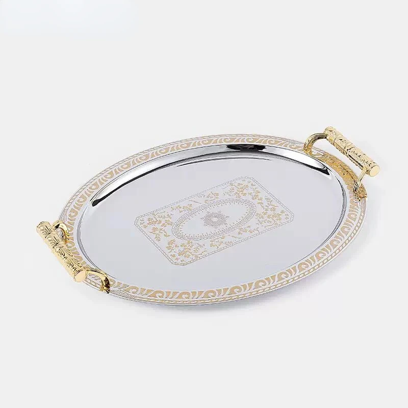 European Style Golden Metal Decorative Tray For Tea Coffee Table With Handle Oval Mirror Serving Tray provide luxury hospitality 5