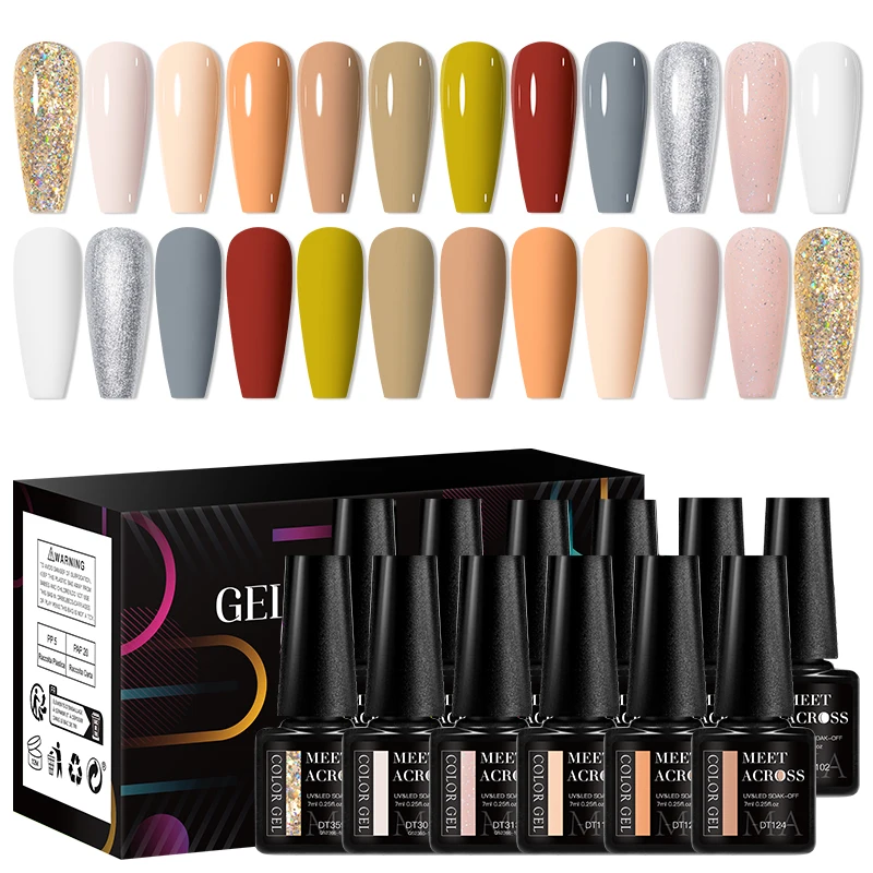 MEET ACROSS 12Pcs/Set Gel Nail Polish Set Colorful Glitter Nail Art Long-Lasting Soak Off UV Gel Kit for Manicure Nails Vernis 5