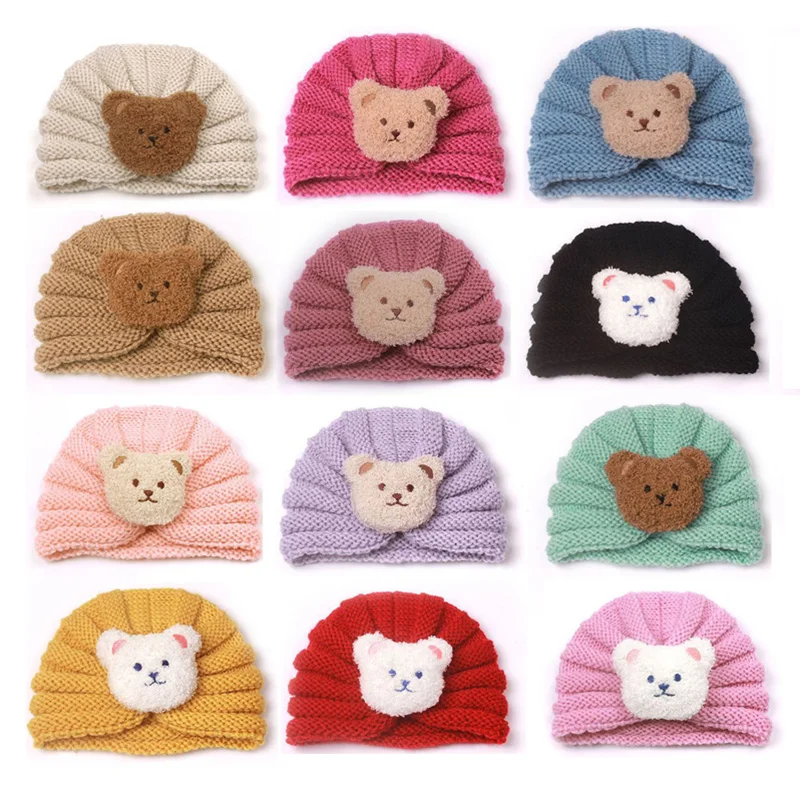 

Cute Bear Baby Beanie Autumn Winter Knitted Hats for Girls Boys Infant Turban Hat Toddler Kids Bonnet Accessories Items 12Colors
