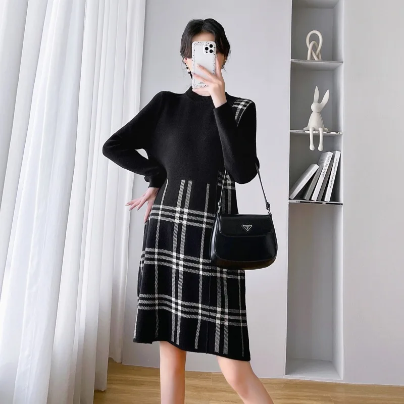 

Pregnant Dresses Autumn and Winter Korean Knitted Patchwork Dress Plaid Retro Casual Mother Dress Fake Two Pieces Bottom Sweater