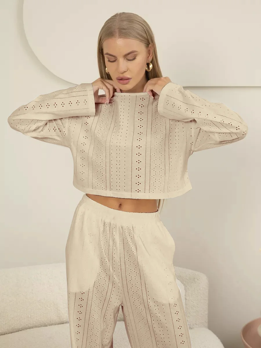 Autumn and Winter New European and American Women's Pajama Set Fashionable Simple Hollow Jacquard Long Sleeve Pants Home Clothes