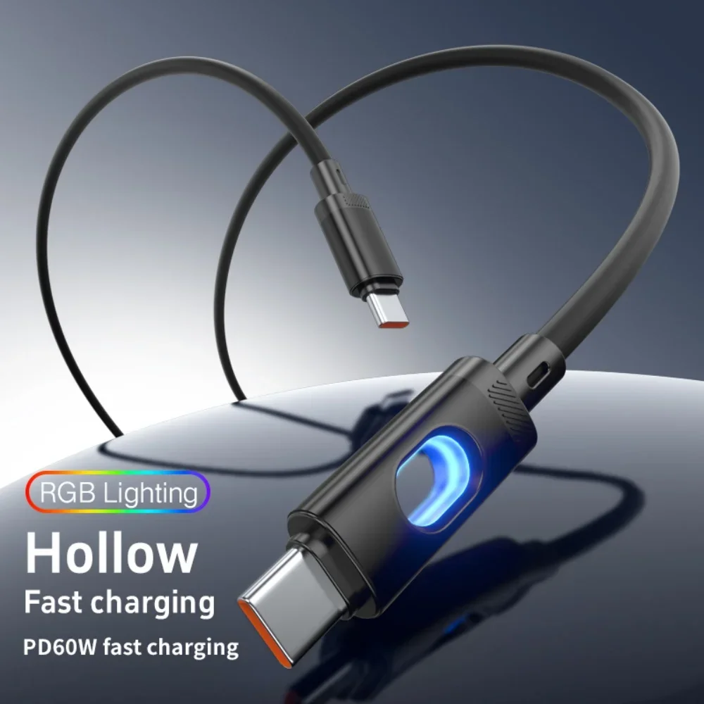 USB-A/USB-C to USB-C Cable 60W 6A RGB Lighting PD Fast Charging Wire For Xiaomi 14 13 POCO Realme Samsung Huawei USB C Cable