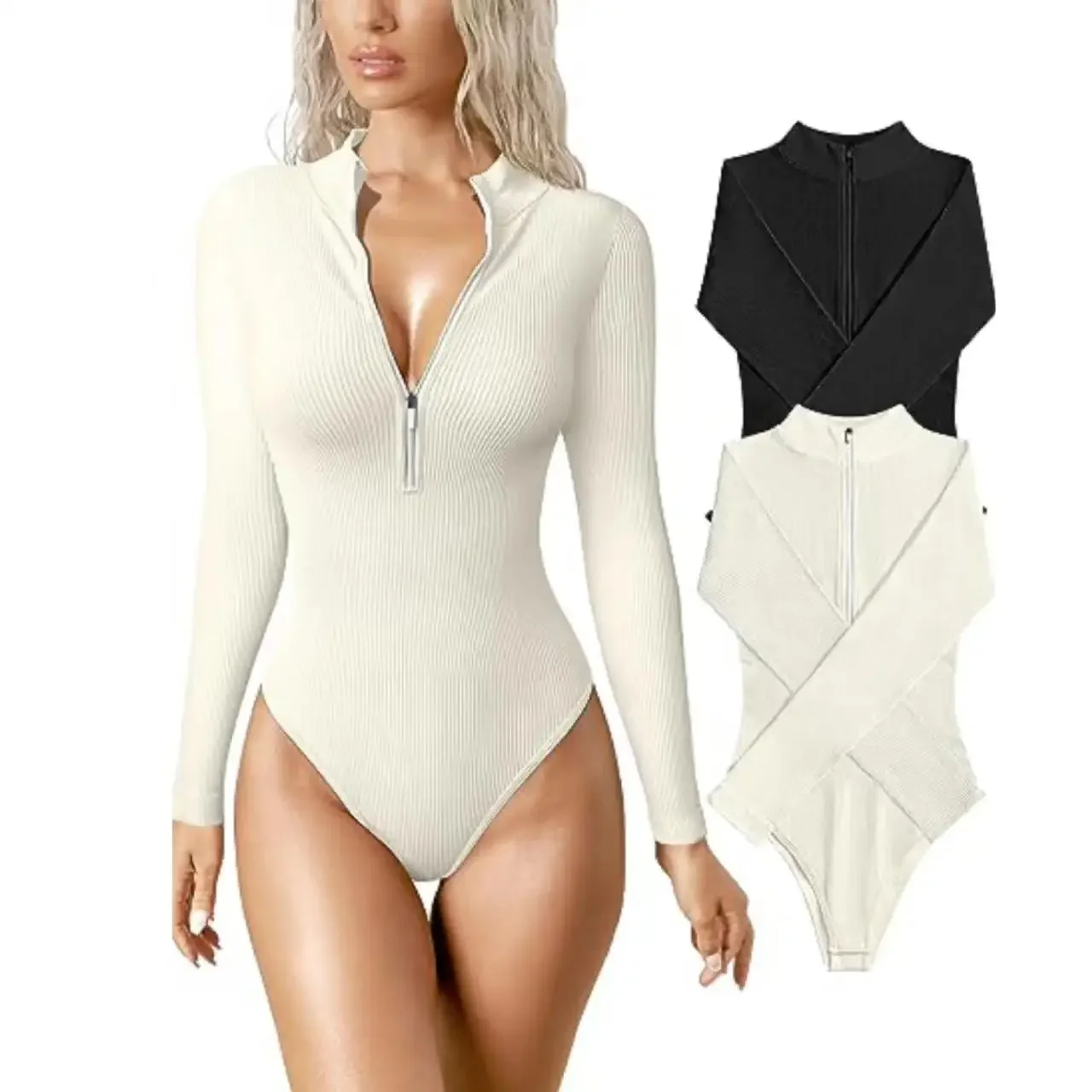 Onesie Sexy Ribbed Onesie Front Zipper Long Sleeve Bodysuits Women Summer Tops Solid Color Long Sleeve Top Onesie Bodysuits
