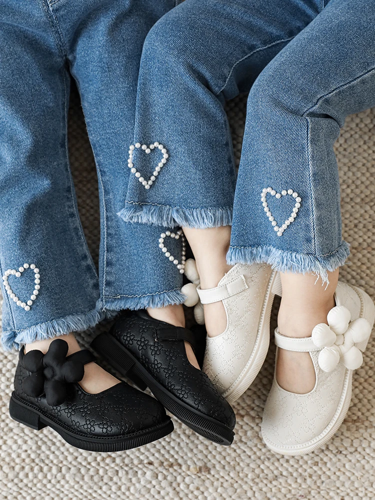 

Girls' Autumn Slim Fit Flared Pants Love Pearl Versatile Elastic Jeans Children's Retro Tassel Pants