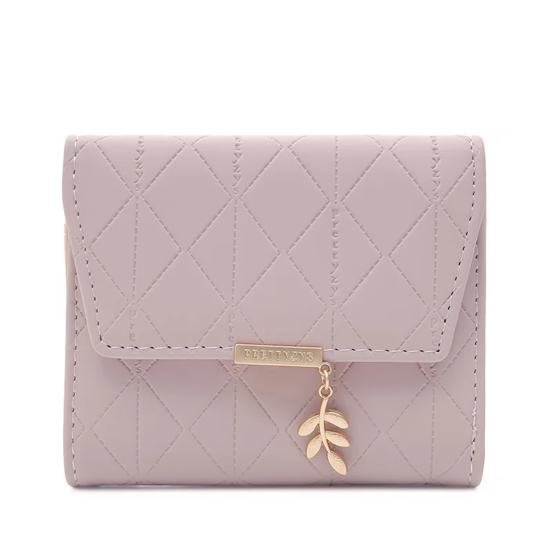 Women's Short Wallet with Fresh Checkered Leaf Pendant Leather Clutch
