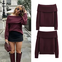 Taop&Za Women's 2024 Autumn/Winter New Angora Red Sweater with One Word Collar and Threaded Long Sleeve Hoodie 1