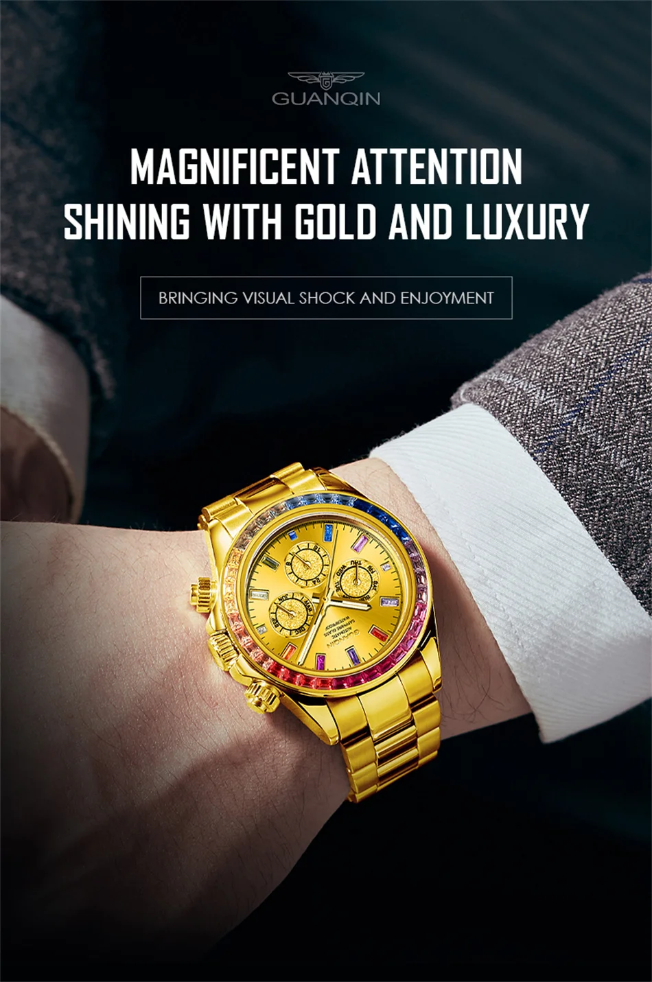 GUANQIN Woche Monat Luxus Herrenuhr Wasserdicht Automatik Selbstaufzug Mechanisch Regenbogen Diamant Kreis Design Saphir Stahl Uhr_voghion.com