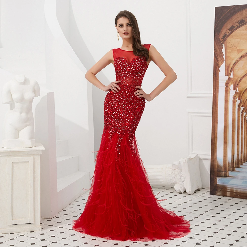 

XJKDY Red Evening Dresses Mermaid for Women Dubai Luxury Feather Beading Crystal Formal Occasion Gown